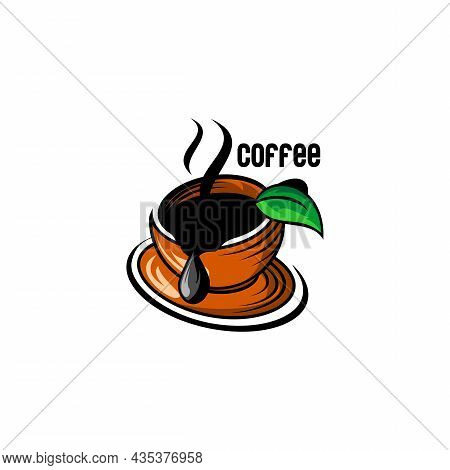 Vector Illustration Of Cafe Logo, Cup Of Coffee, Leave