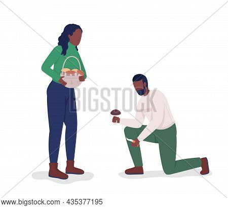 Couple Collect Mushrooms Semi Flat Color Vector Characters. Posing Figures. Full Body People On Whit