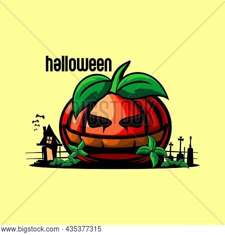 Vector Illustration Of Pumpkin Monsters, House, Bats, Halloween Day