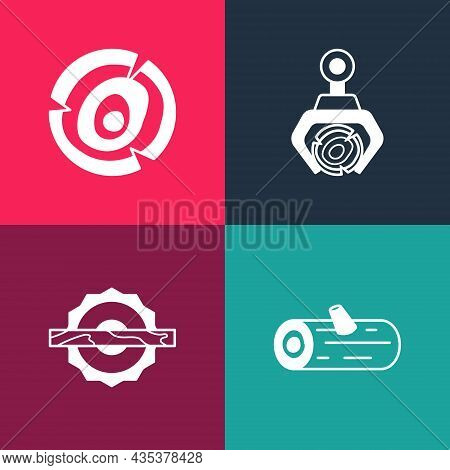 Set Pop Art Wooden Logs, Electric Circular Saw, Grapple Crane Grabbed And Icon. Vector