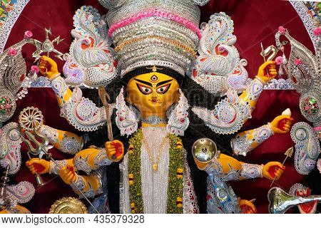 Goddess Durga Idol Decorated At Puja Pandal In Kolkata, West Bengal, India. Durga Puja Is Biggest Re