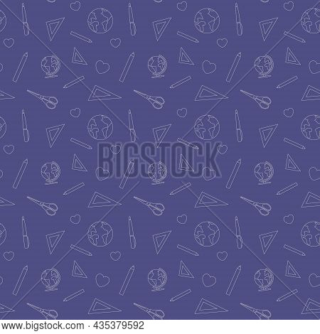 Stationery And School Elements Seamless Blue Pattern. Simple Line Background. Vector Stock Illustrat