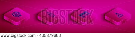 Set Isometric Line Target Sport, Surfboard, Ribbon In Finishing Line And Dart Arrow Icon. Vector