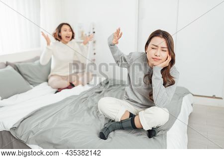 Young Beautiful Asian Women Lesbian Couple Lover Having Stressed After Conflict Each Other In Bed Ro