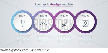 Set Line Wooden Axe, Mountains, Ice Hockey Stick And Puck And Canadian Maple Leaf. Business Infograp