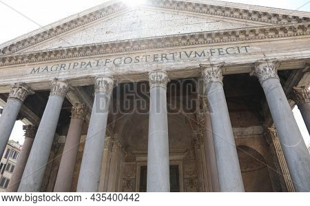 Ancient Temple Pantheon With The Columns Seen From Below And The Latin Inscription That Means Marco 