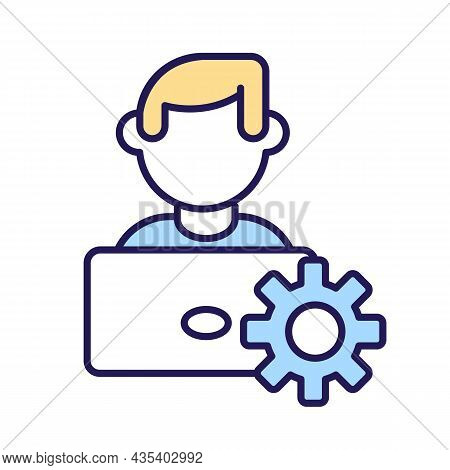 Technician Rgb Color Icon. Man With Laptop. Professional Service And Repair. Digital System Maintena