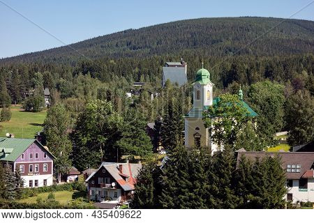 Harrachov, Czech Republic - August 21, 2020: Landscape Of Harrachov Town With The Kostel Sv. Vaclava