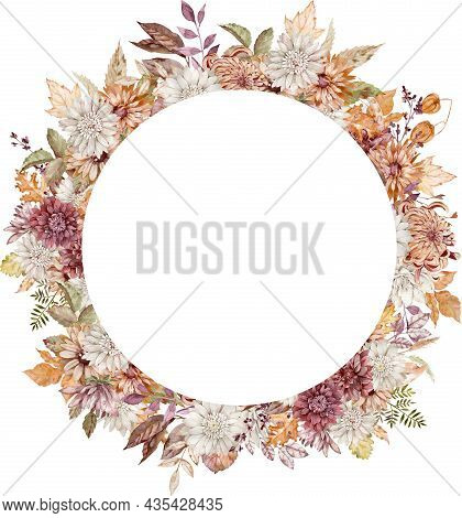 Watercolor Crimson, White And Orange Asters Wreath. Fall Flowers Circle Frame. Autumn Template Isola