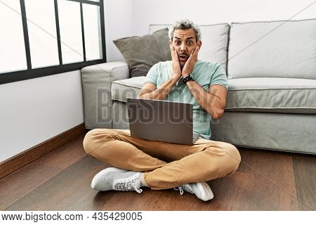 Middle age hispanic man using laptop sitting on the floor at the living room afraid and shocked, surprise and amazed expression with hands on face 