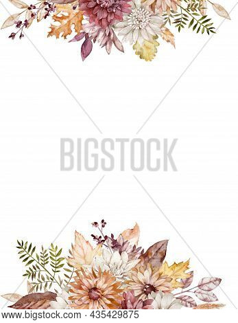 Watercolor Fall Borders. Autumn Crimson, White And Orange Asters. Fall Flowers Frame. Autumn Floral 