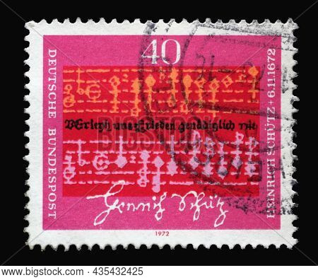 ZAGREB, CROATIA - JUNE 27, 2014: Stamp printed in Germany shows Notes and text by Heinrich Schutz (1585-1672), Composer, 300th Death Anniversary of Heinrich Schutz, circa 1972