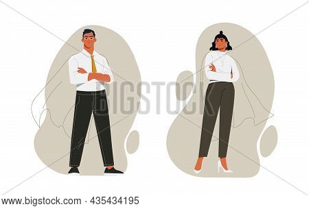 Sucesful Workers Concept. Man And Woman Standing In Suits With Arms Crossed On Their Chests. Best Em