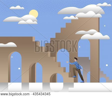 Man Walking Up Stairs. Concept Of Personal Growth, Selfimprovement, Selfdevelopment. Persistence And
