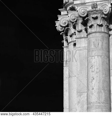 Classical Architecture In Venice. Corinthian Column And Capital From Church Of St Barnabas Facade, E