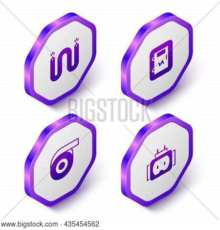 Set Isometric Electric Cable, Electrical Panel, Roll Adhesive Tape And Tee Plug Electric Icon. Purpl