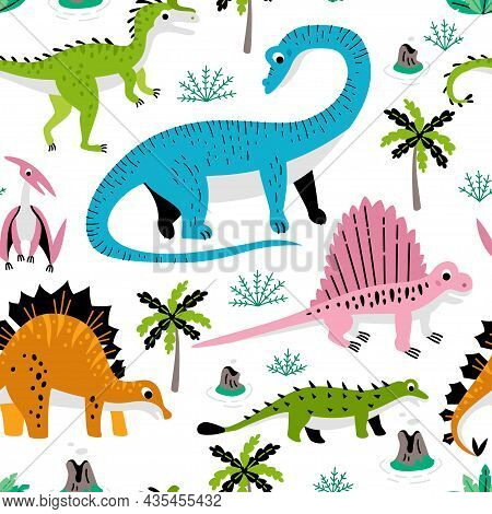 Childish Seamless Pattern With Hand Drawn Dino. Creative Vector Background For Fabric, Textile Stock