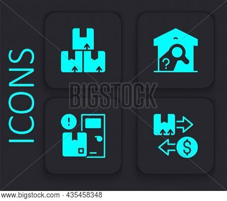 Set Tax Cardboard Box, Carton, Warehouse Check And Home Delivery Services Icon. Black Square Button.