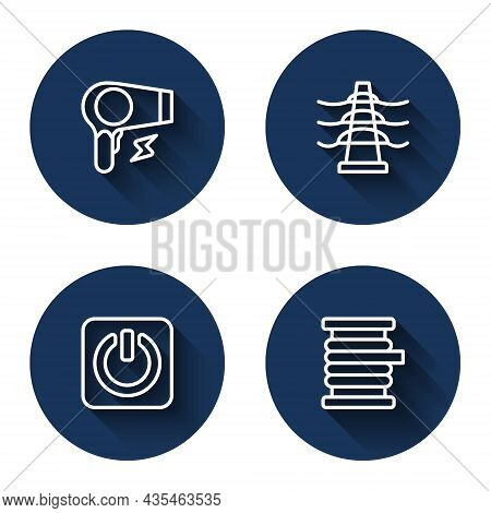 Set Line Hair Dryer, Electric Tower Line, Power Button And Wire Electric Cable Reel With Long Shadow