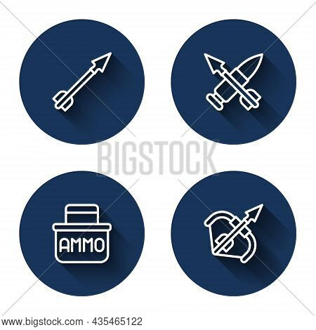 Set Line Medieval Arrow, Crossed Bullet With, Ammunition Box And Bow And With Long Shadow. Blue Circ