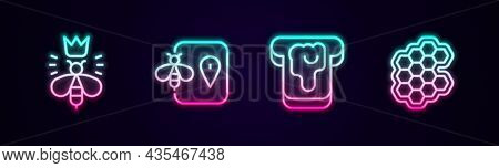 Set Line Queen Bee, Bee Location, Bread With Honey And Honeycomb. Glowing Neon Icon. Vector