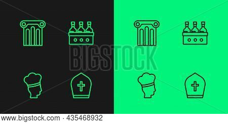 Set Line Pope Hat, Italian Cook, Ancient Column And Bottles Of Wine Icon. Vector