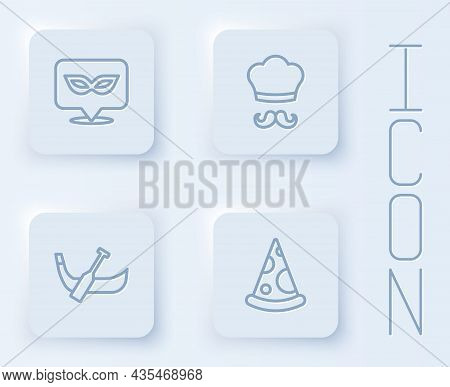 Set Line Carnival Mask, Italian Cook, Gondola Boat And Slice Of Pizza. White Square Button. Vector