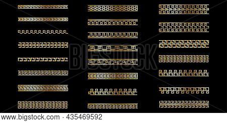 Golden Chain Set. Braid Lines. Seamless Border. Black Background. Abstract Pattern. Vector Illustrat