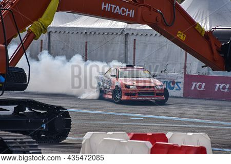 Vladivostok, Russia - October 02: Car Drift, Sports Car Wheel Drifts And A Lot Of Smoke On The Track