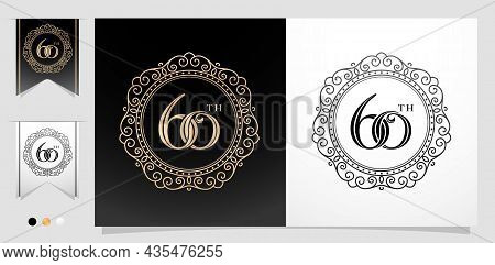 60th With Circle Frame Curly, Ellipse Frame Element With Color Gold Isolated Background, Applicable 