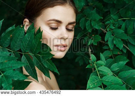 Portrait Of A Woman Cosmetology Nature Green Leaves Glamor Model