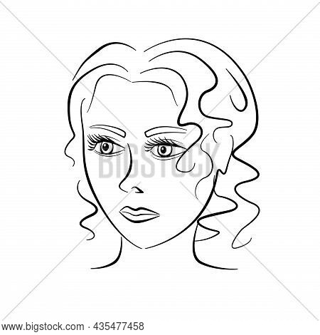 Beautiful Monochrome Womans Face With Open Eyes. Line Art Fashion Illustration On White Background