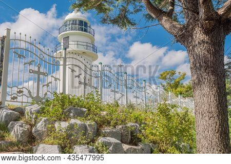 White Lighthouse On The East Coast Of South Korea.
