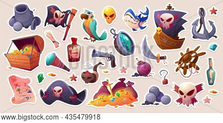 Set Of Stickers Pirate Cannon, Treasure Chest, Flag With Jolly Roger And Rum Bottle. Smoking Pipe Wi