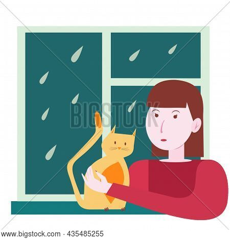 The Cat Is Sitting On The Window. The Girl Strokes The Cat And Looks At The Rain. Self-isolation. Au