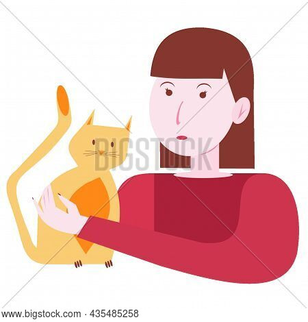 A Young Brunette In A Pink Sweater Strokes A Ginger Cat. The Cat Is Basking With The Girl. Girl And 