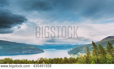 Utvik, Sogn Og Fjordane County, Norway. Norwegian Mountain Lake Landscape. The Innvikfjord Is A Sub-