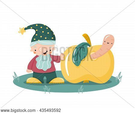 Cute Cartoon Hand Drawn Gnome With Wormy Apple Flat Vector Illustration. Little Garden Dwarf With Be