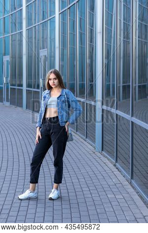 Young Beautiful Sophisticated Modern Stylish Girl With Long Hair, Female Portrait Of 15 Year Old Lad