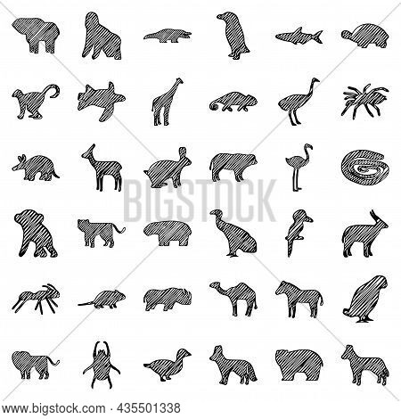 Set Of Scribble Silhouettes Of African Animals, Vector Clip Art.