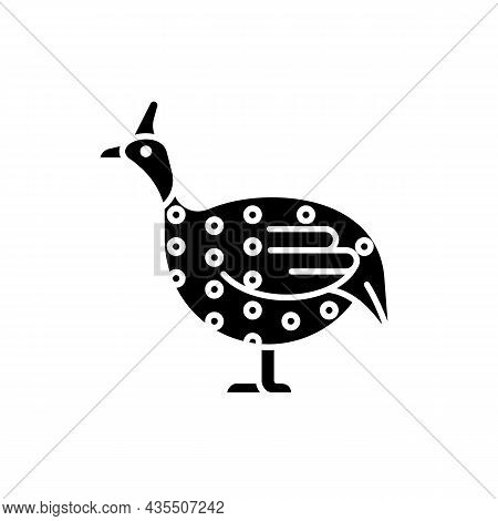 Guinea Fowl Black Glyph Icon. Domesticated Bird. Commercial Poultry Farming For Meat. Helmeted Guine