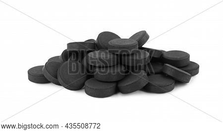 Activated Charcoal Pills On White Background. Potent Sorbent