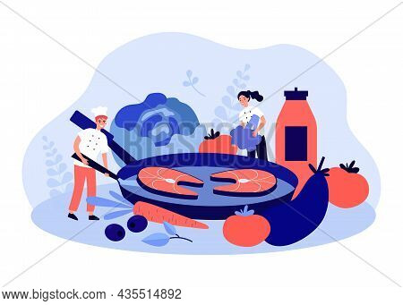 Team Of Chefs Cooking Fish And Vegetables In Pan. Food Master Class From Tiny Characters Flat Vector