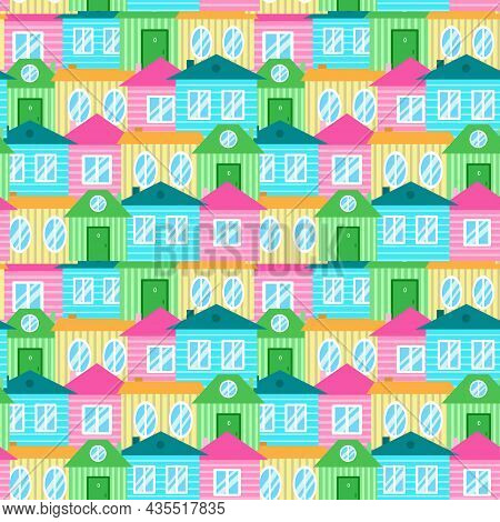 Seamless Pattern With Colorful Cartoon Houses. Cute Illustration In Pastel Tones. Print For Textile,