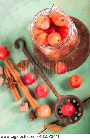 Paradise Apples, On The Wooden Table In The Rustic Style, Iron Mug