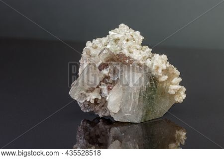 Macro Mineral Stone Apophyllite Stilbite On A Gray Background Close Up