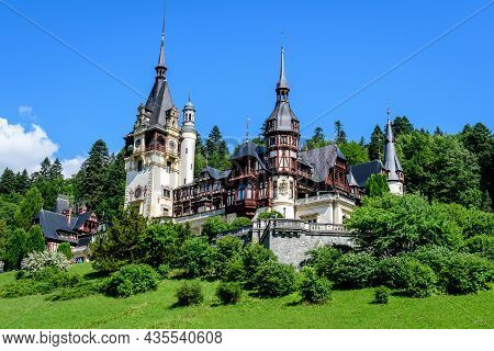 Beautiful Neo-renaissance Building Of Peles Castle (castelul Peles) Near Bucegi Mountains (muntii Bu