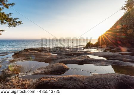 Unique Rock Formation At Sandcut Beach On The West Coast Of Pacific Ocean. Summer Sunny Sunset. Cana