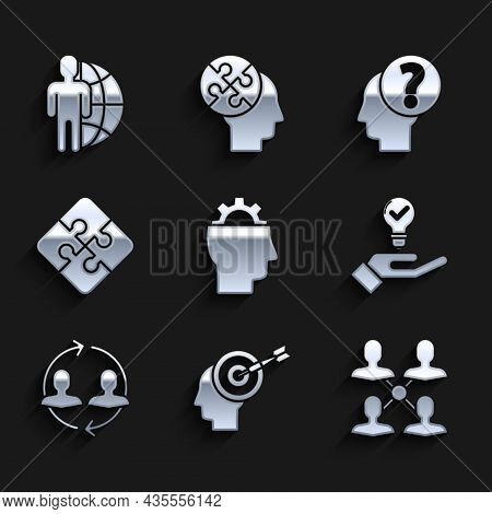 Set Human With Gear Inside, Head Hunting Concept, Project Team Base, Light Bulb Hand, Resources, Pie