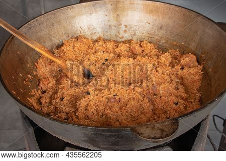 Pilaf In A Cast Iron Pan. Close Up.